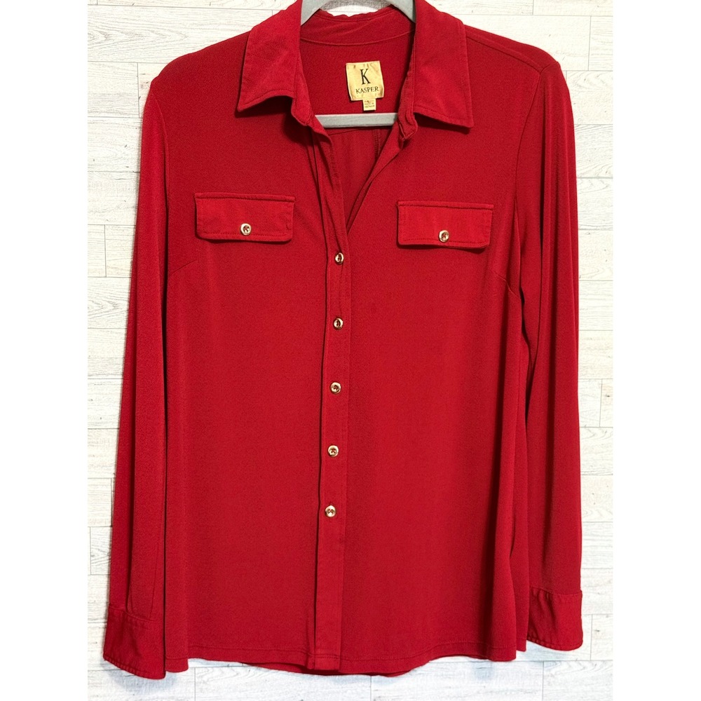 Kasper Womens Red Long Sleeve Button Down Shirt Size L Chest Pockets Stretch - Picture 6 of 8